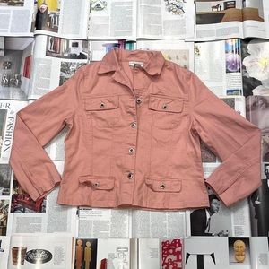 Baby pink cargo style button-up denim jacket